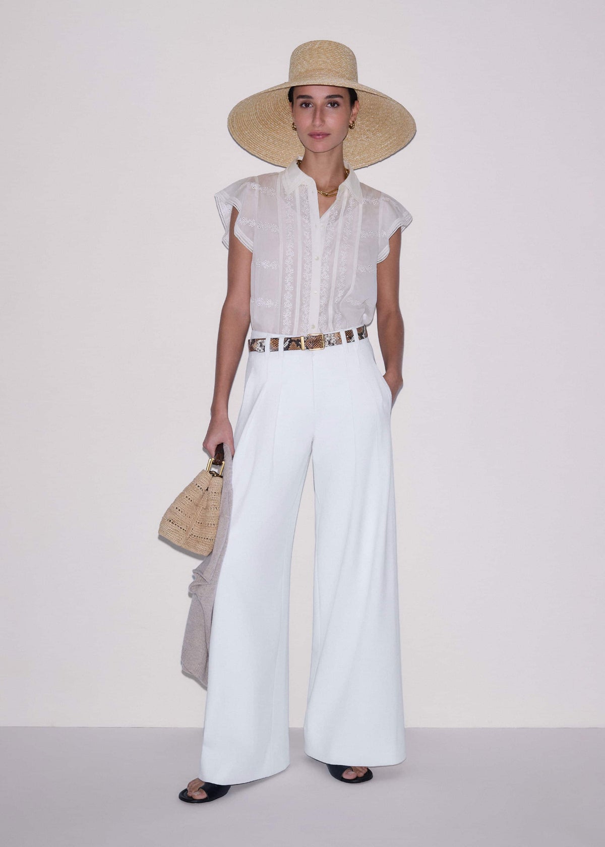 ME+EM Cream Silk Cotton Embroidery Collar Swing Blouse