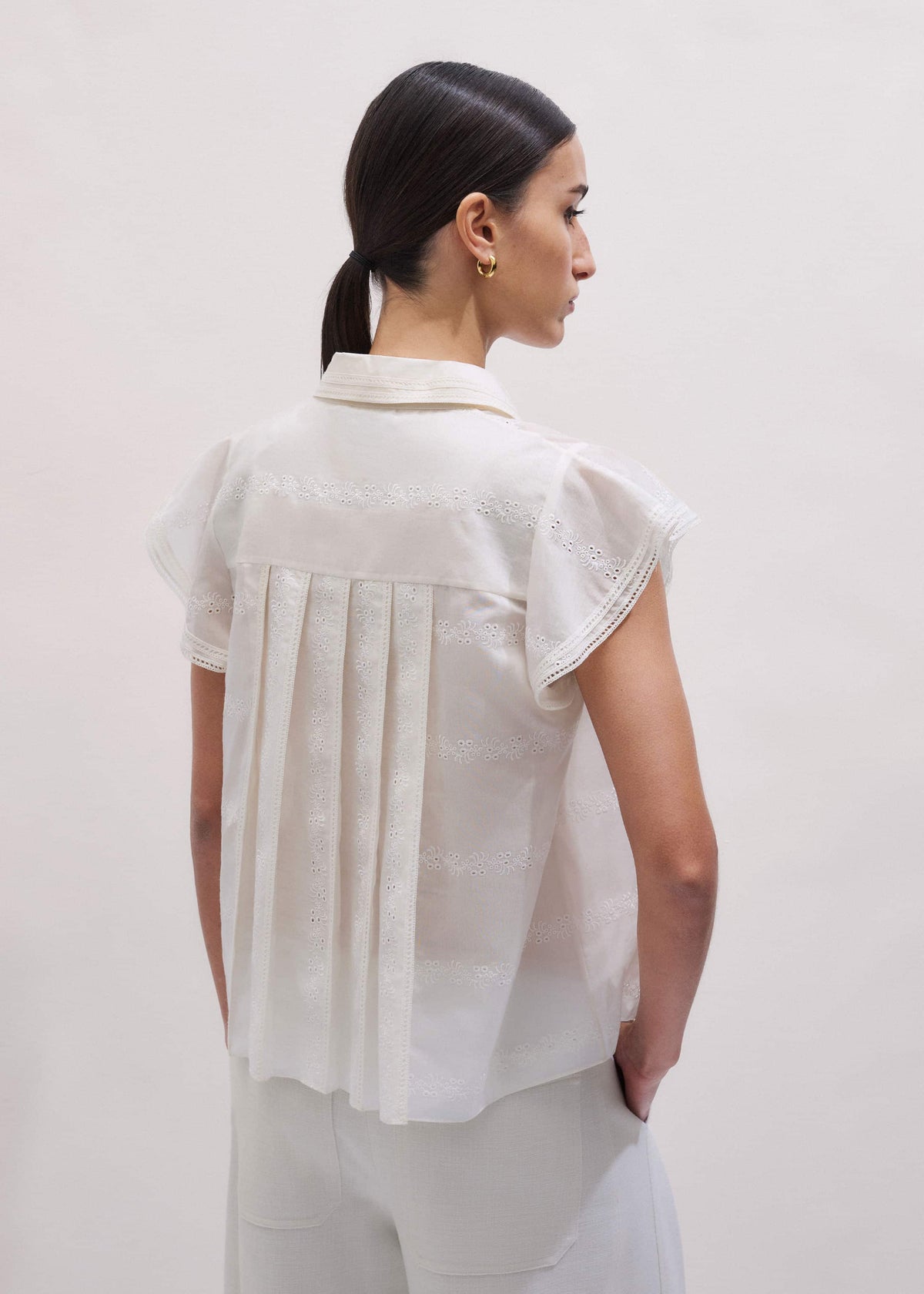 ME+EM Cream Silk Cotton Embroidery Collar Swing Blouse
