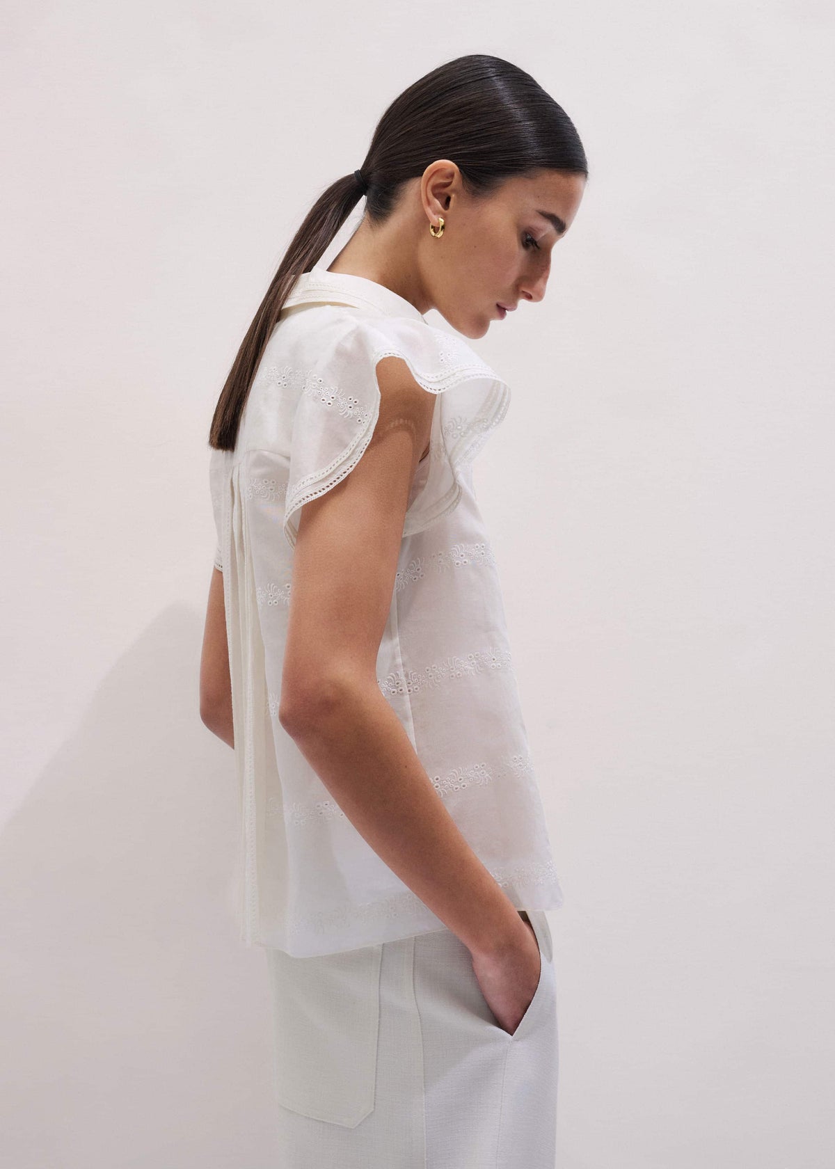 ME+EM Cream Silk Cotton Embroidery Collar Swing Blouse