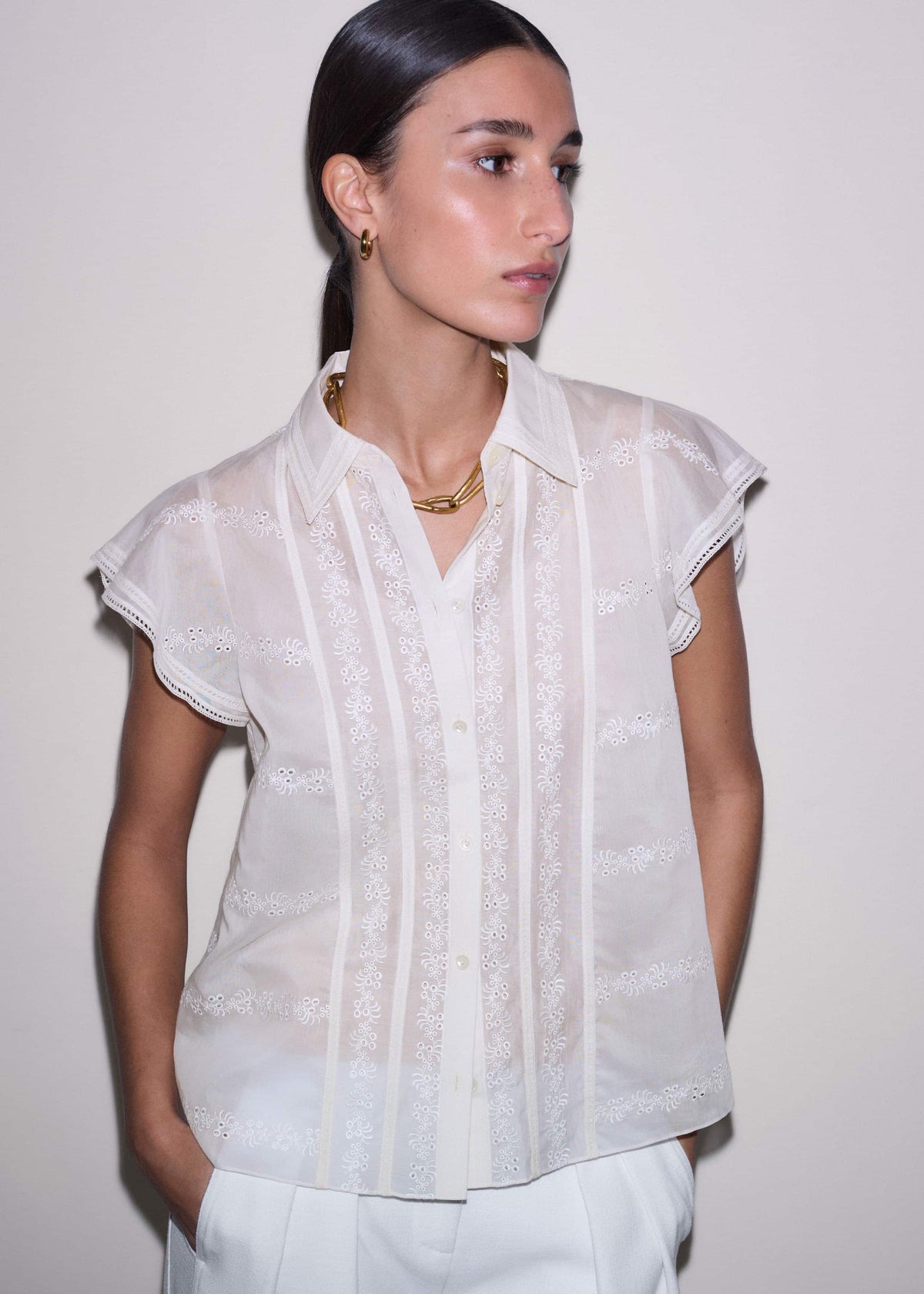 ME+EM Cream Silk Cotton Embroidery Collar Swing Blouse