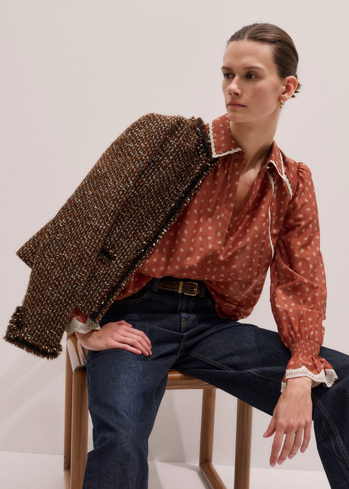 ME+EM Orange Spaced Paisley Motif Print Blouse