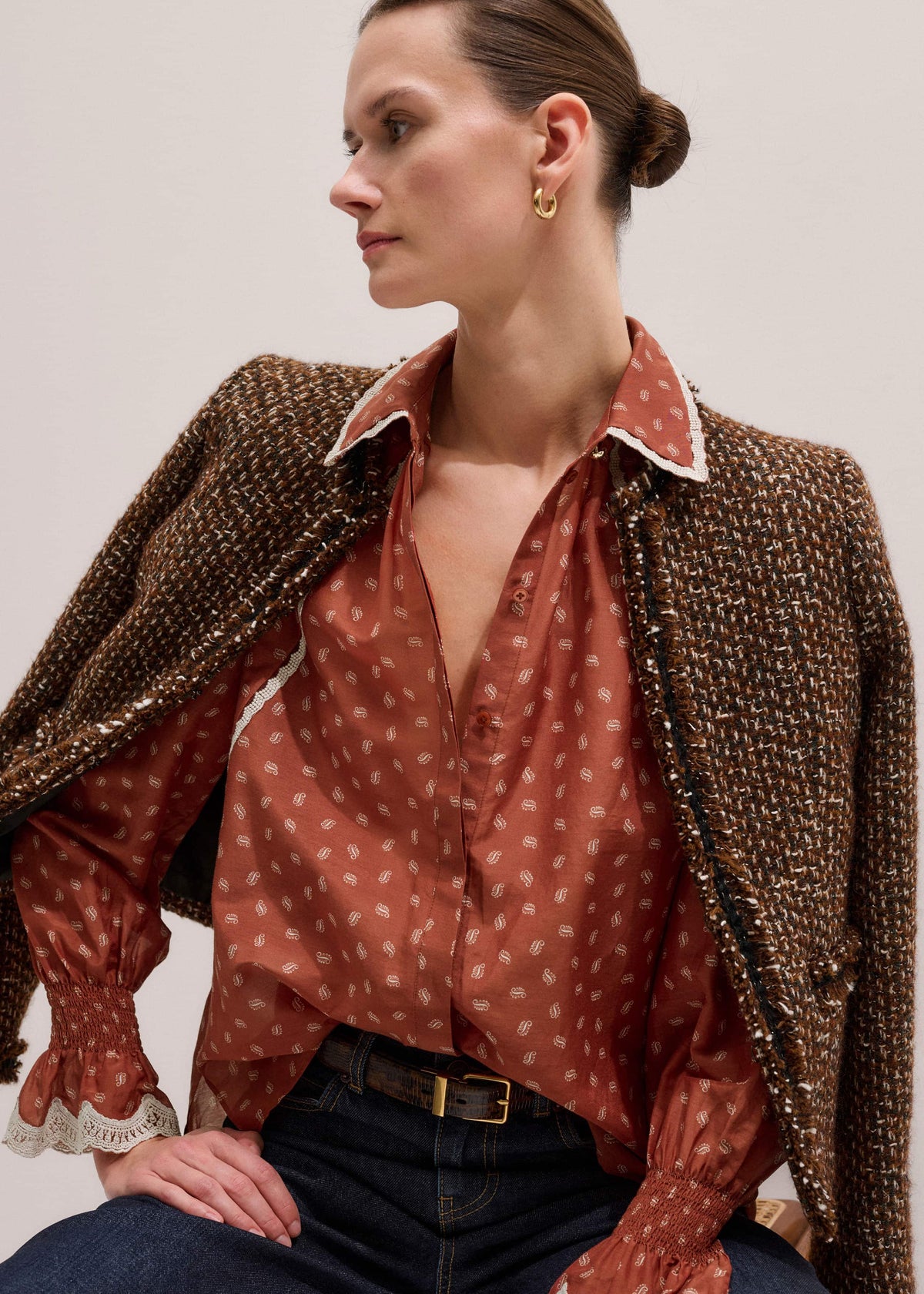 ME+EM Orange Spaced Paisley Motif Print Blouse
