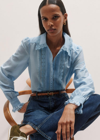 ME+EM Blue Silk Cotton Lace Trim Straight Blouse