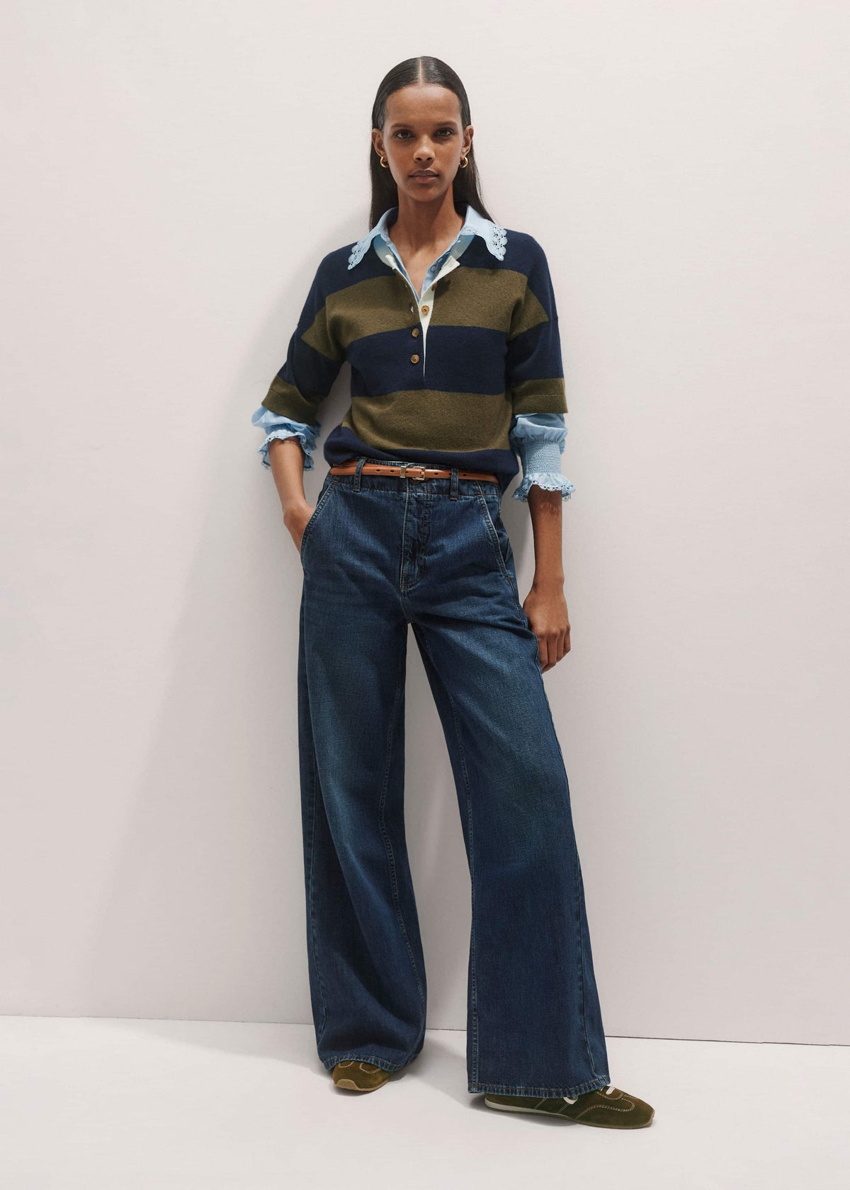 ME+EM Blue Silk Cotton Lace Trim Straight Blouse