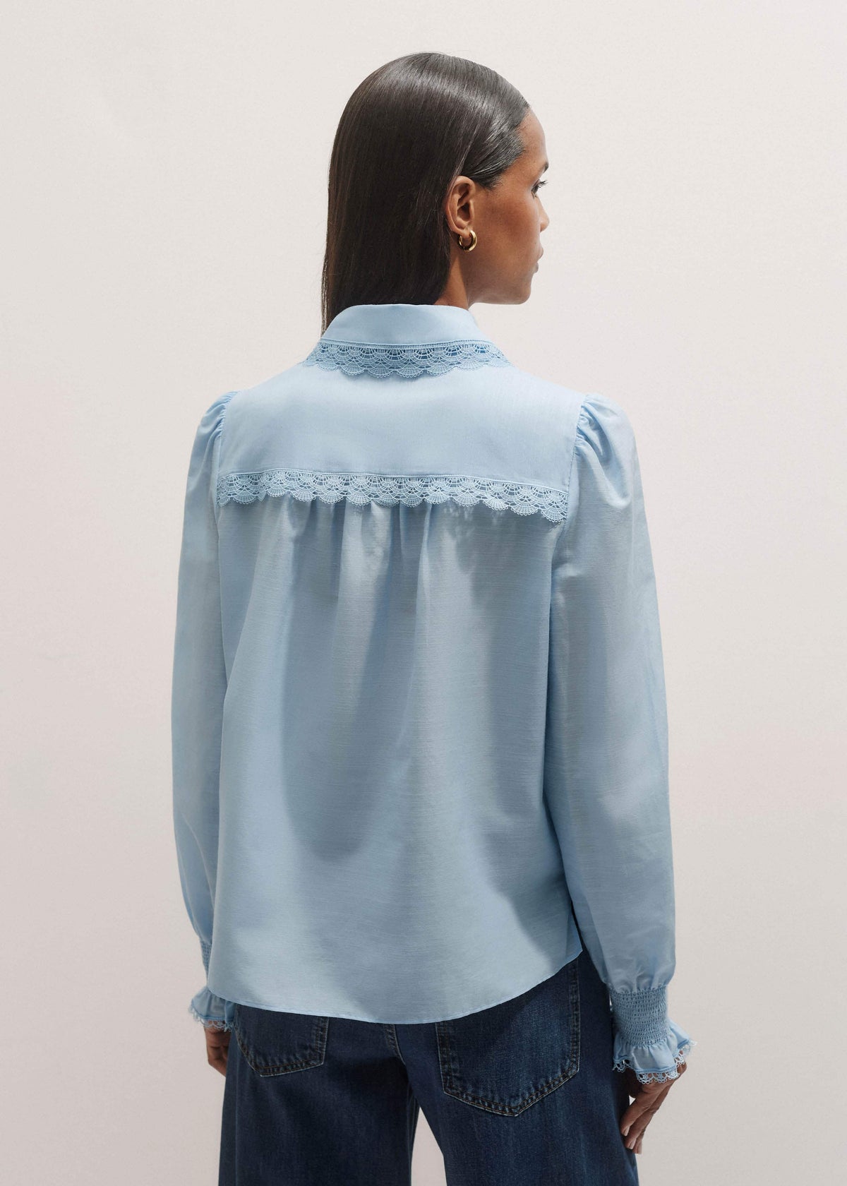 ME+EM Blue Silk Cotton Lace Trim Straight Blouse