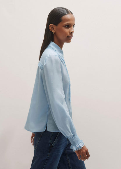 ME+EM Blue Silk Cotton Lace Trim Straight Blouse