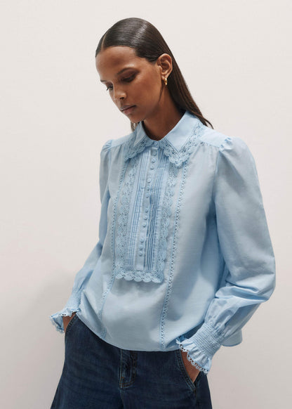 ME+EM Blue Silk Cotton Lace Trim Straight Blouse
