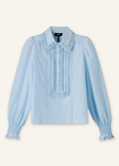 ME+EM Blue Silk Cotton Lace Trim Straight Blouse