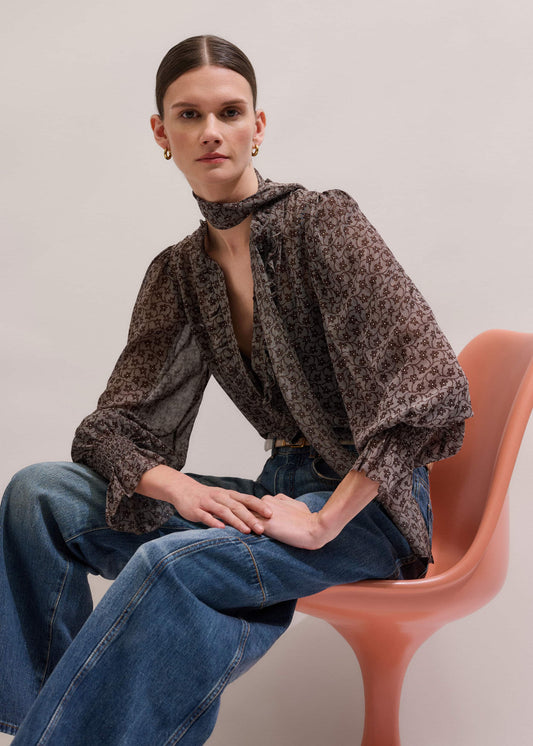 ME+EM Brown Silk Lace Print Straight In-The-Details Blouse