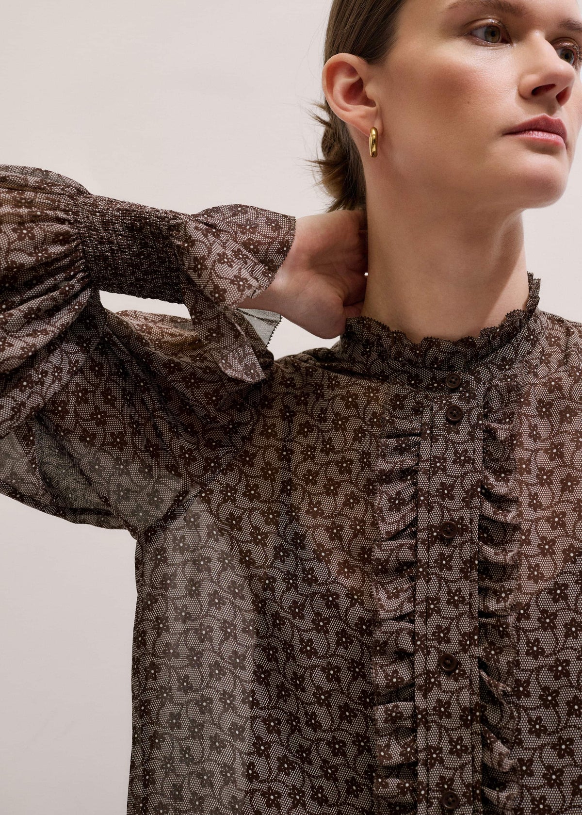 ME+EM Brown Silk Lace Print Straight In-The-Details Blouse