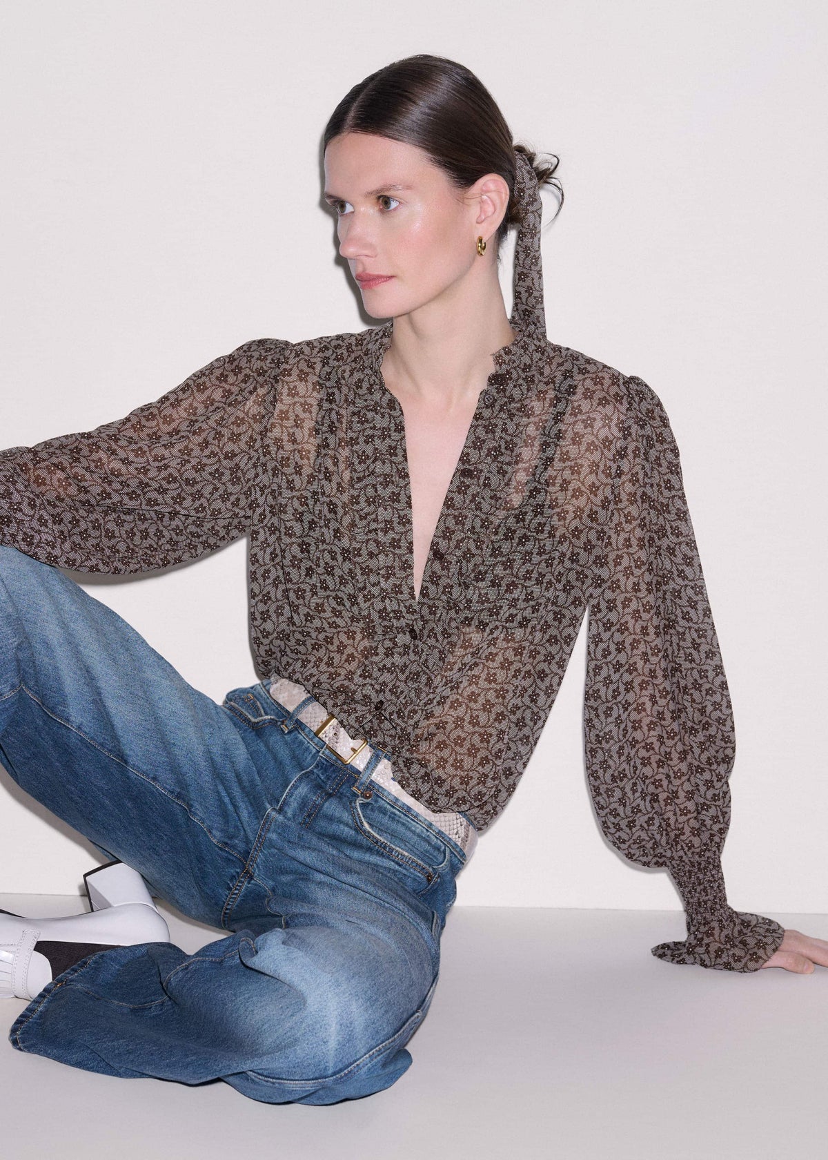 ME+EM Brown Silk Lace Print Straight In-The-Details Blouse