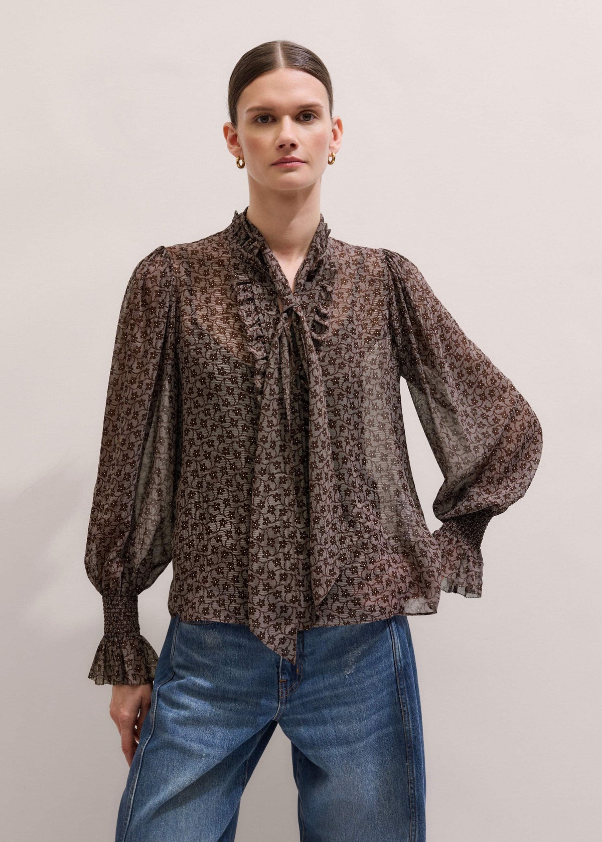 ME+EM Brown Silk Lace Print Straight In-The-Details Blouse