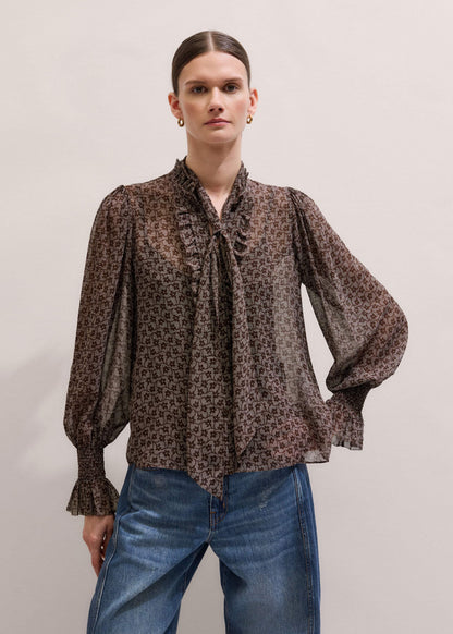 ME+EM Brown Silk Lace Print Straight In-The-Details Blouse