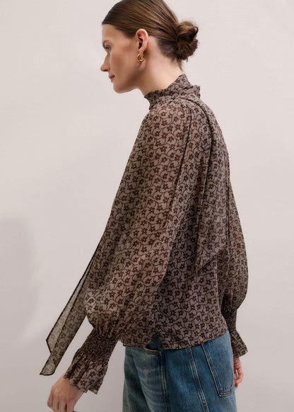 ME+EM Brown Silk Lace Print Straight In-The-Details Blouse