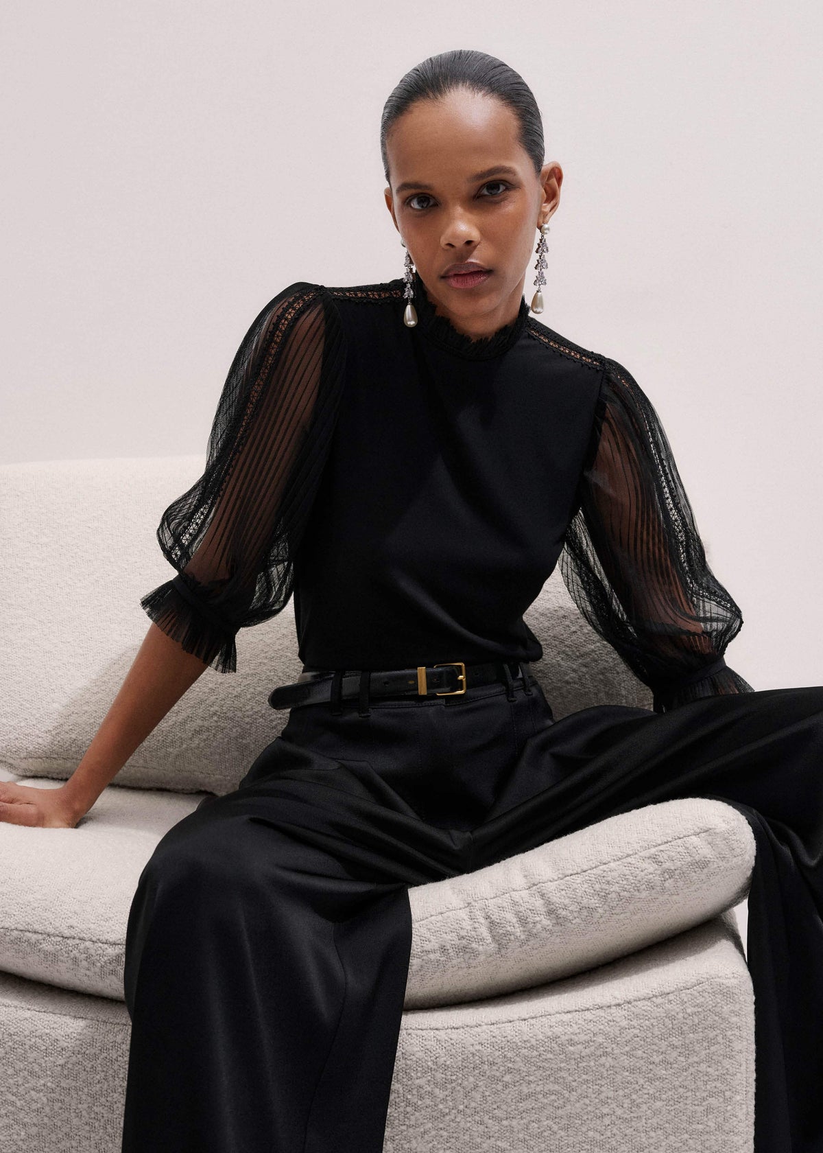 ME+EM Black Lace Insert Tulle Layering Blouse