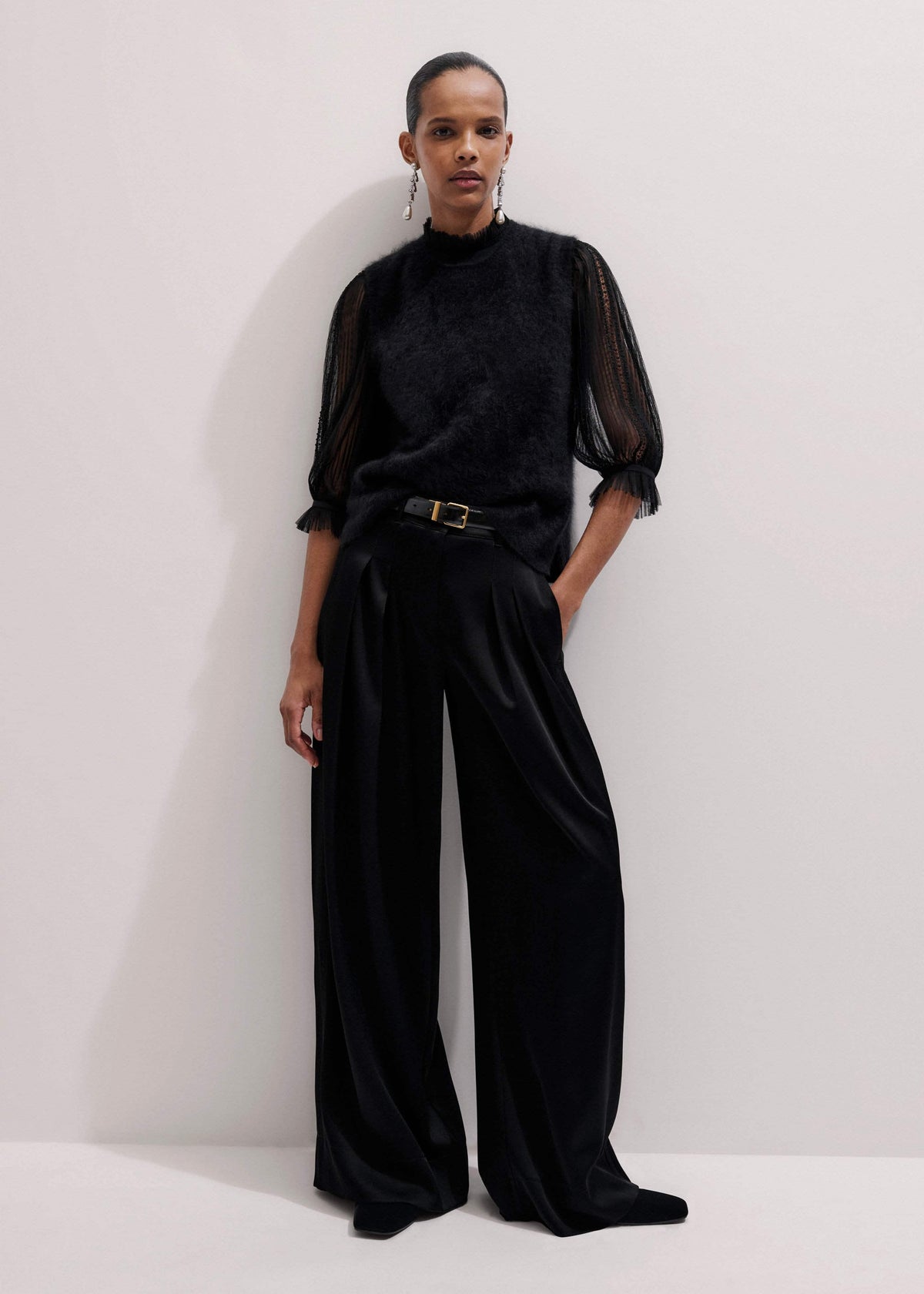 ME+EM Black Lace Insert Tulle Layering Blouse