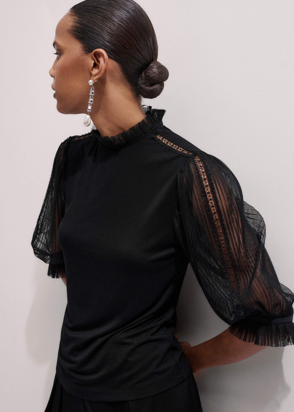 ME+EM Black Lace Insert Tulle Layering Blouse