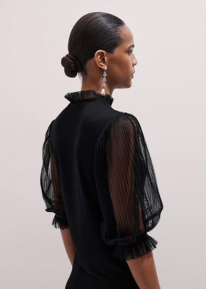 ME+EM Black Lace Insert Tulle Layering Blouse