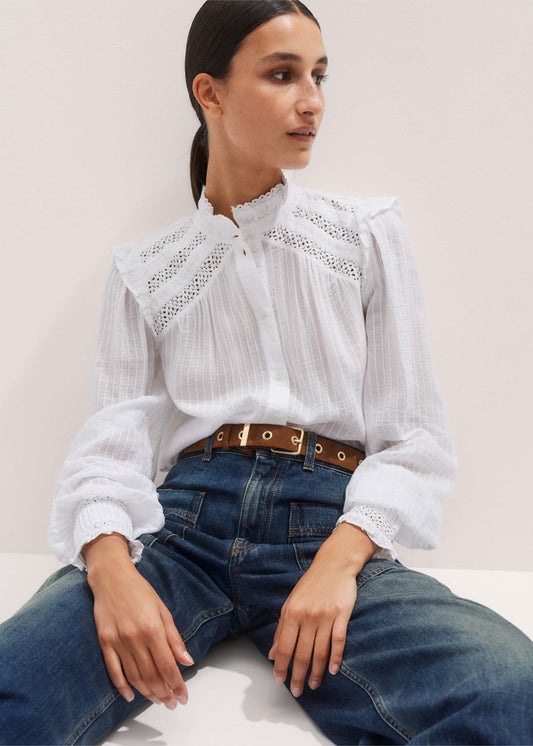 ME+EM White Cotton + Lace Trim Blouse