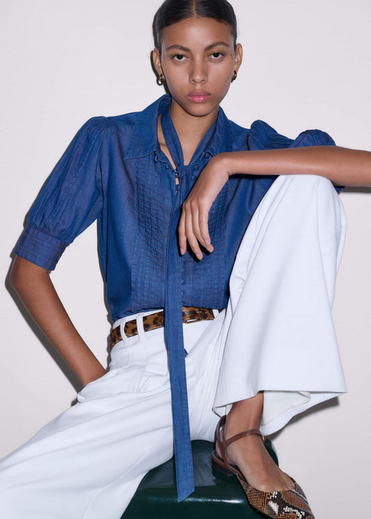 ME+EM Blue Chambray Pintucked Short Sleeve Blouse + Tie