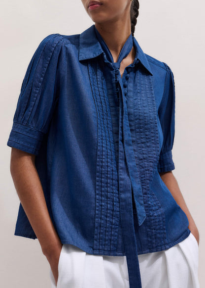 ME+EM Blue Chambray Pintucked Short Sleeve Blouse + Tie