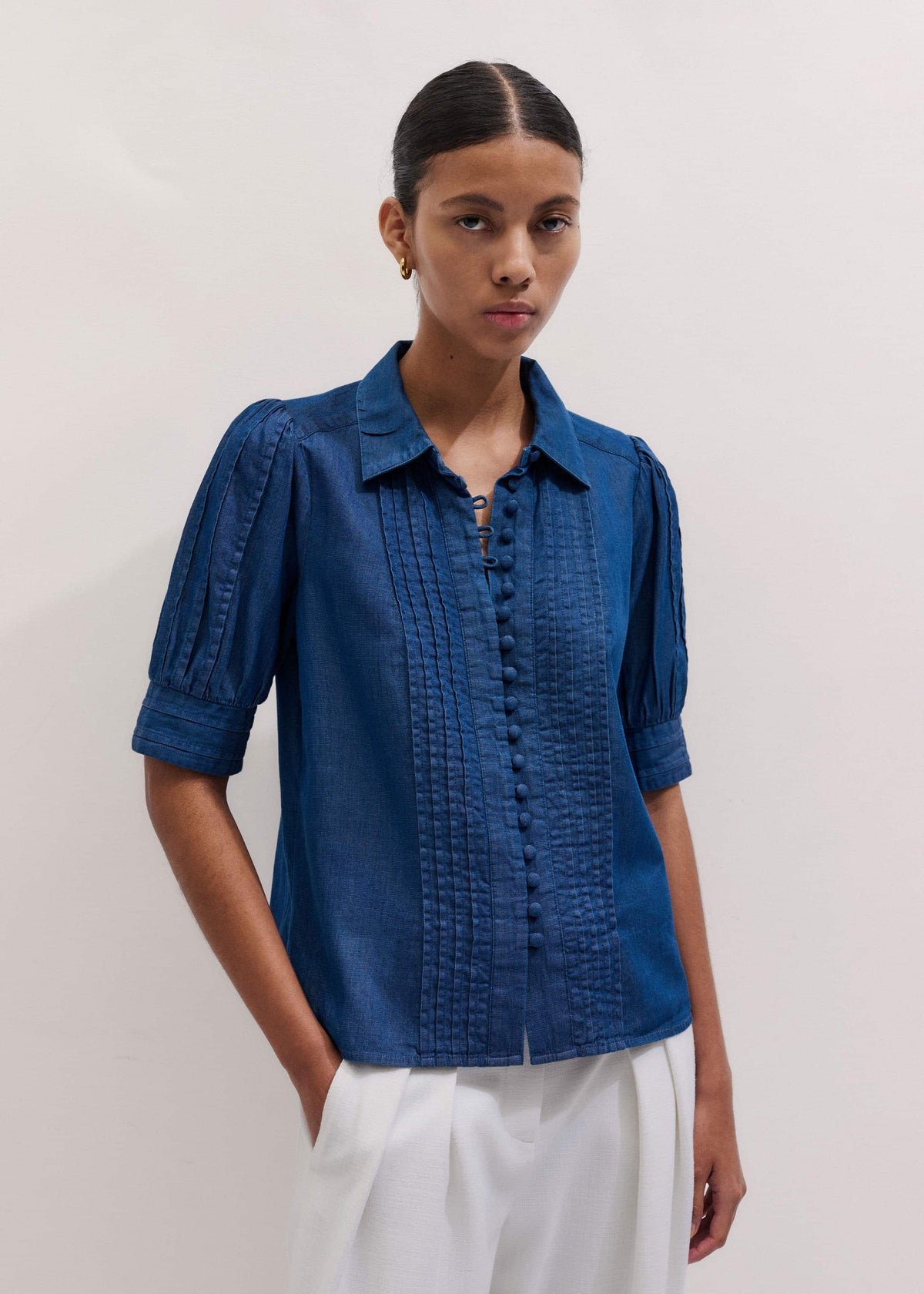 ME+EM Blue Chambray Pintucked Short Sleeve Blouse + Tie