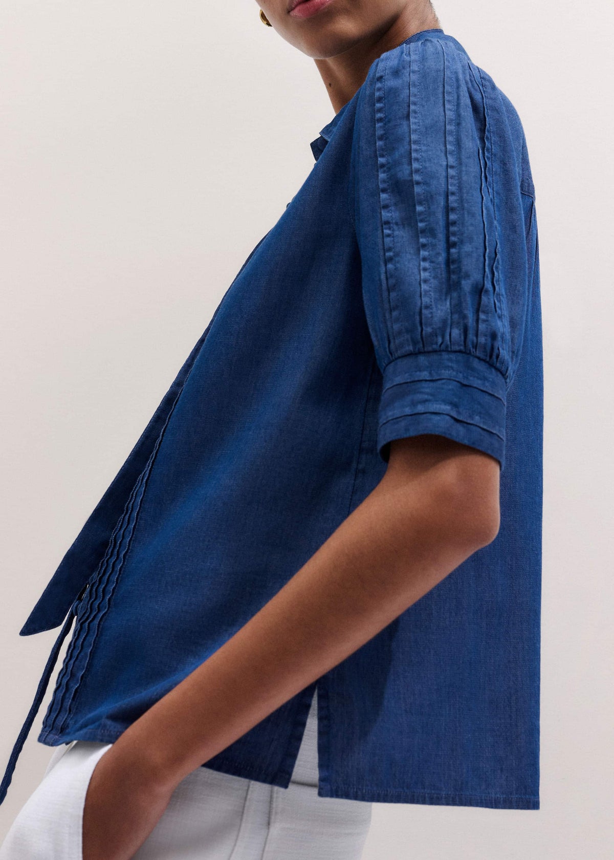 ME+EM Blue Chambray Pintucked Short Sleeve Blouse + Tie