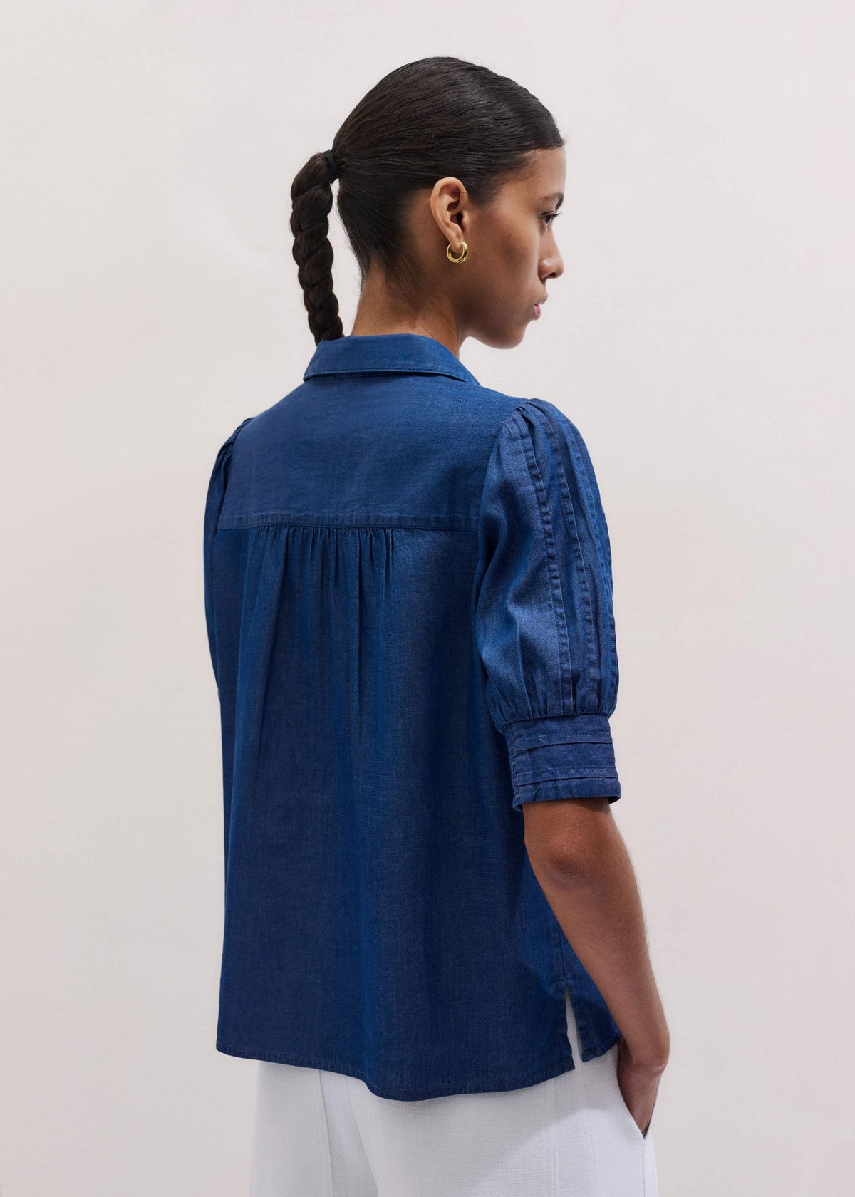 ME+EM Blue Chambray Pintucked Short Sleeve Blouse + Tie