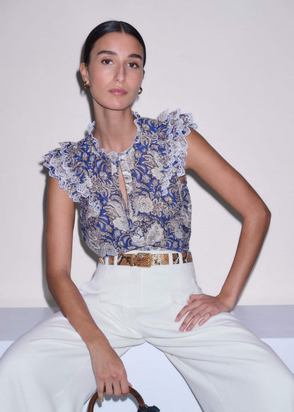 ME+EM Blue Elaborate Botanical Print Ruffle Straight Blouse