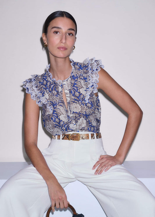 ME+EM Blue Elaborate Botanical Print Ruffle Straight Blouse