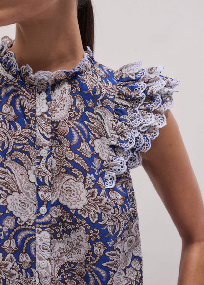 ME+EM Blue Elaborate Botanical Print Ruffle Straight Blouse