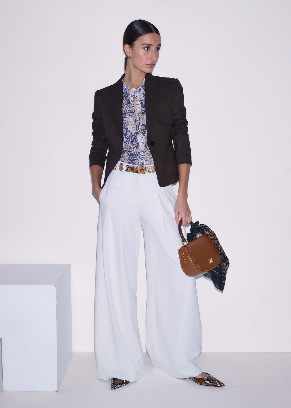 ME+EM Blue Elaborate Botanical Print Ruffle Straight Blouse