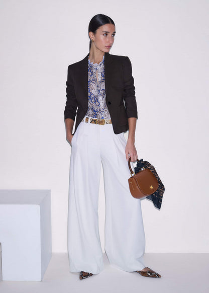 ME+EM Blue Elaborate Botanical Print Ruffle Straight Blouse