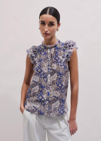 ME+EM Blue Elaborate Botanical Print Ruffle Straight Blouse