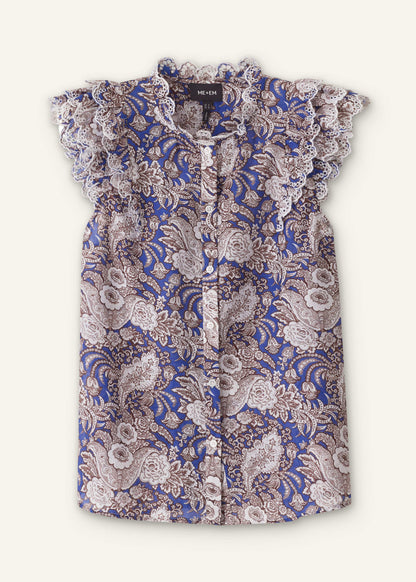 ME+EM Blue Elaborate Botanical Print Ruffle Straight Blouse