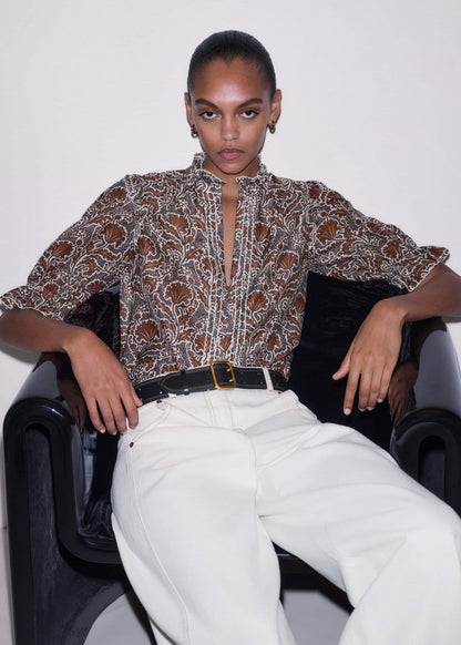ME+EM Brown Silk Cotton Rising Wildflower Print Blouse