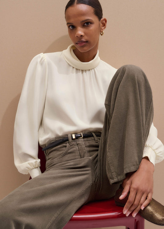 ME+EM Cream Silk High Neck Slim Cut Blouse