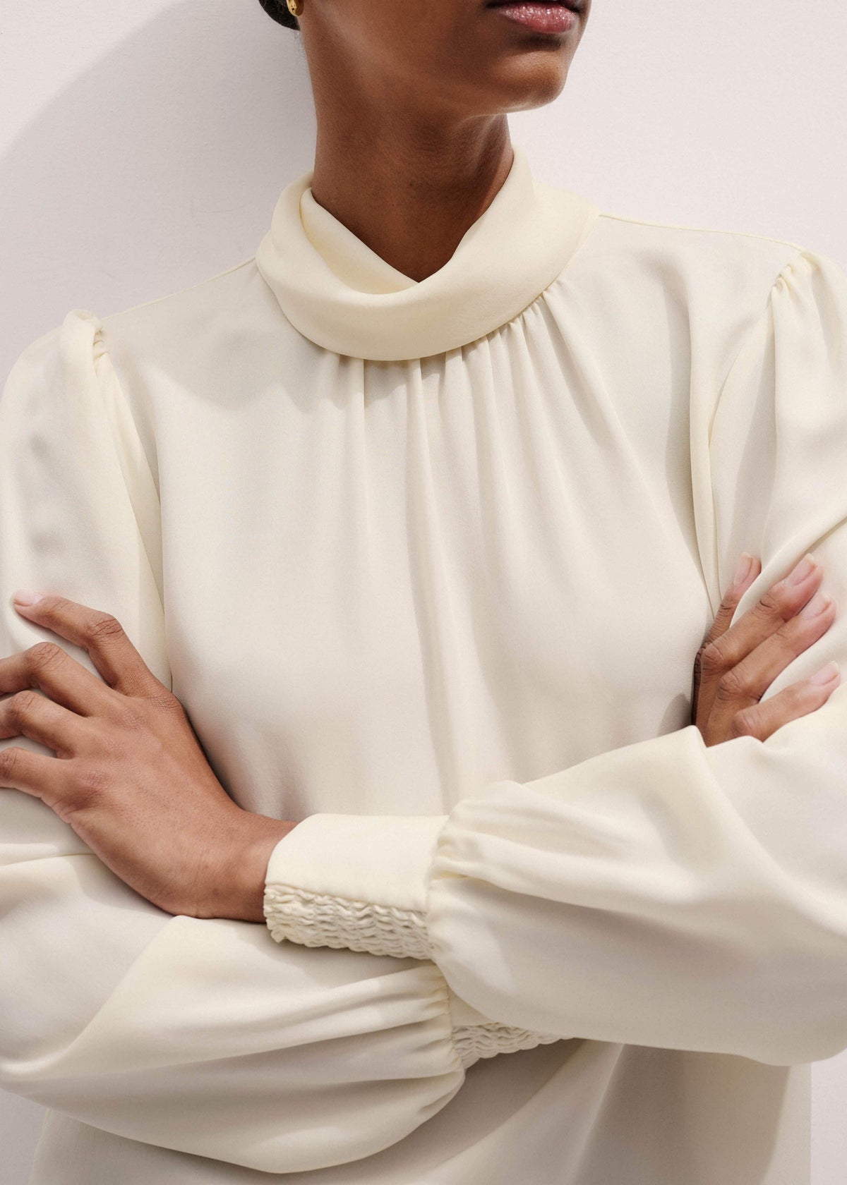 ME+EM Cream Silk High Neck Slim Cut Blouse