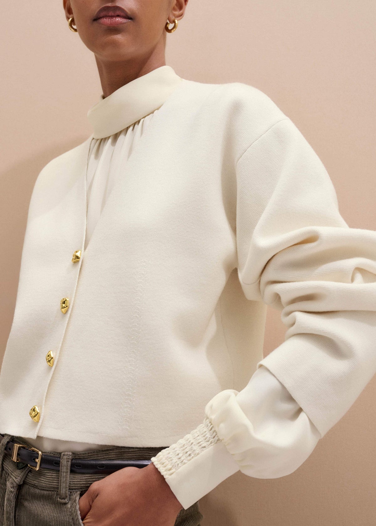ME+EM Cream Silk High Neck Slim Cut Blouse
