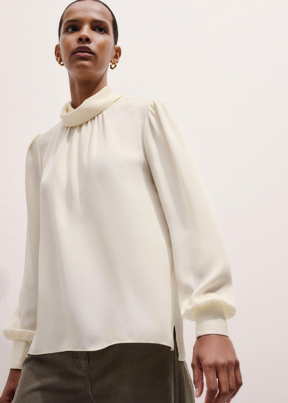 ME+EM Cream Silk High Neck Slim Cut Blouse