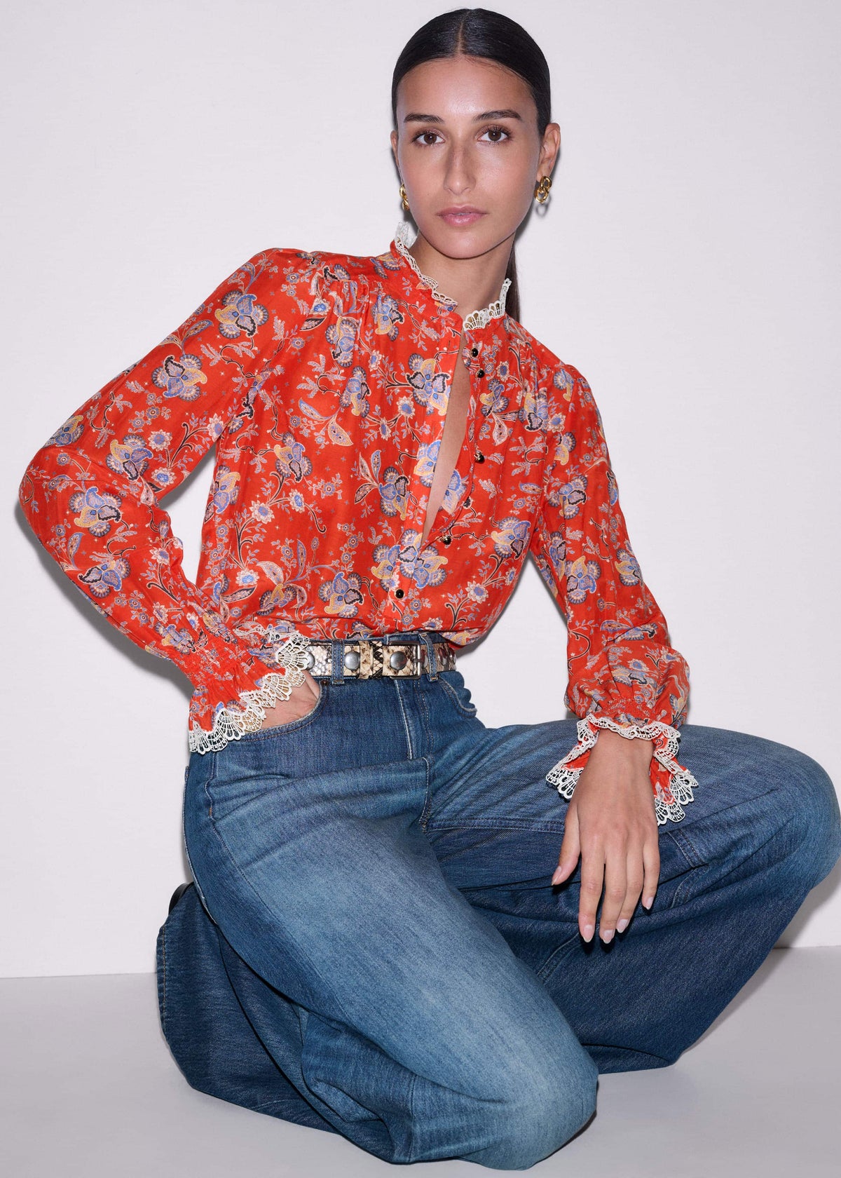 ME+EM Orange Ornate Floral Paisley Print Blouse