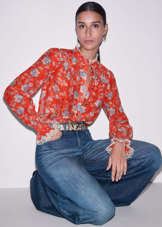 ME+EM Orange Ornate Floral Paisley Print Blouse