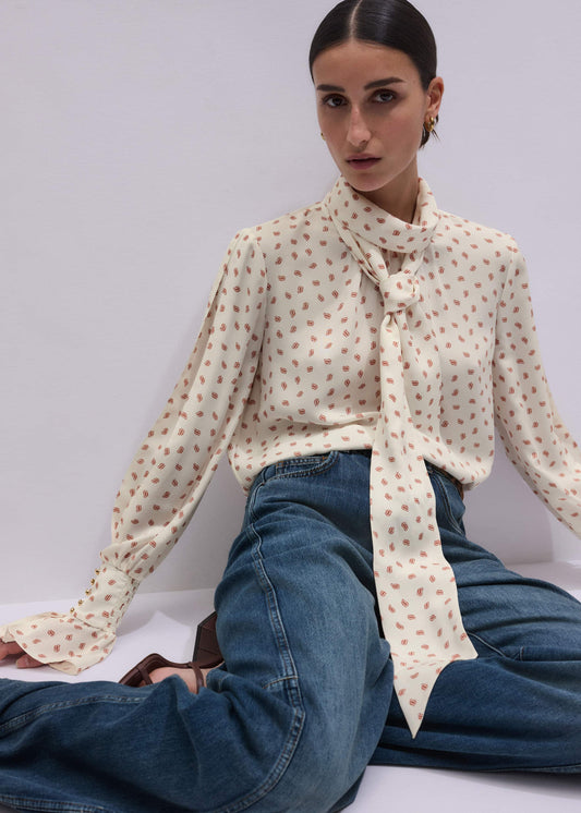 ME+EM Cream Silk Spaced Paisley Print Statement Sleeve Blouse + Tie