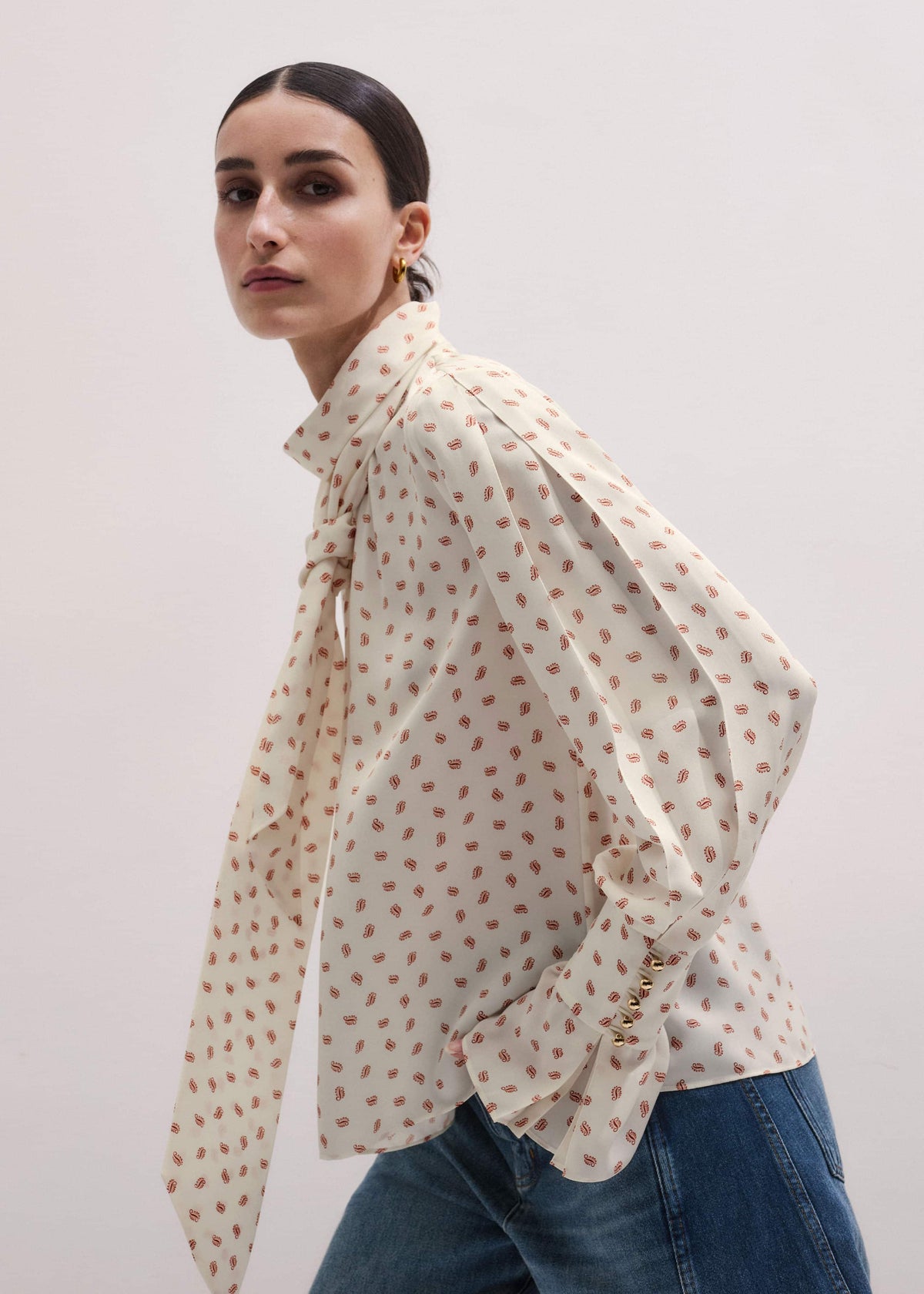 ME+EM Cream Silk Spaced Paisley Print Statement Sleeve Blouse + Tie