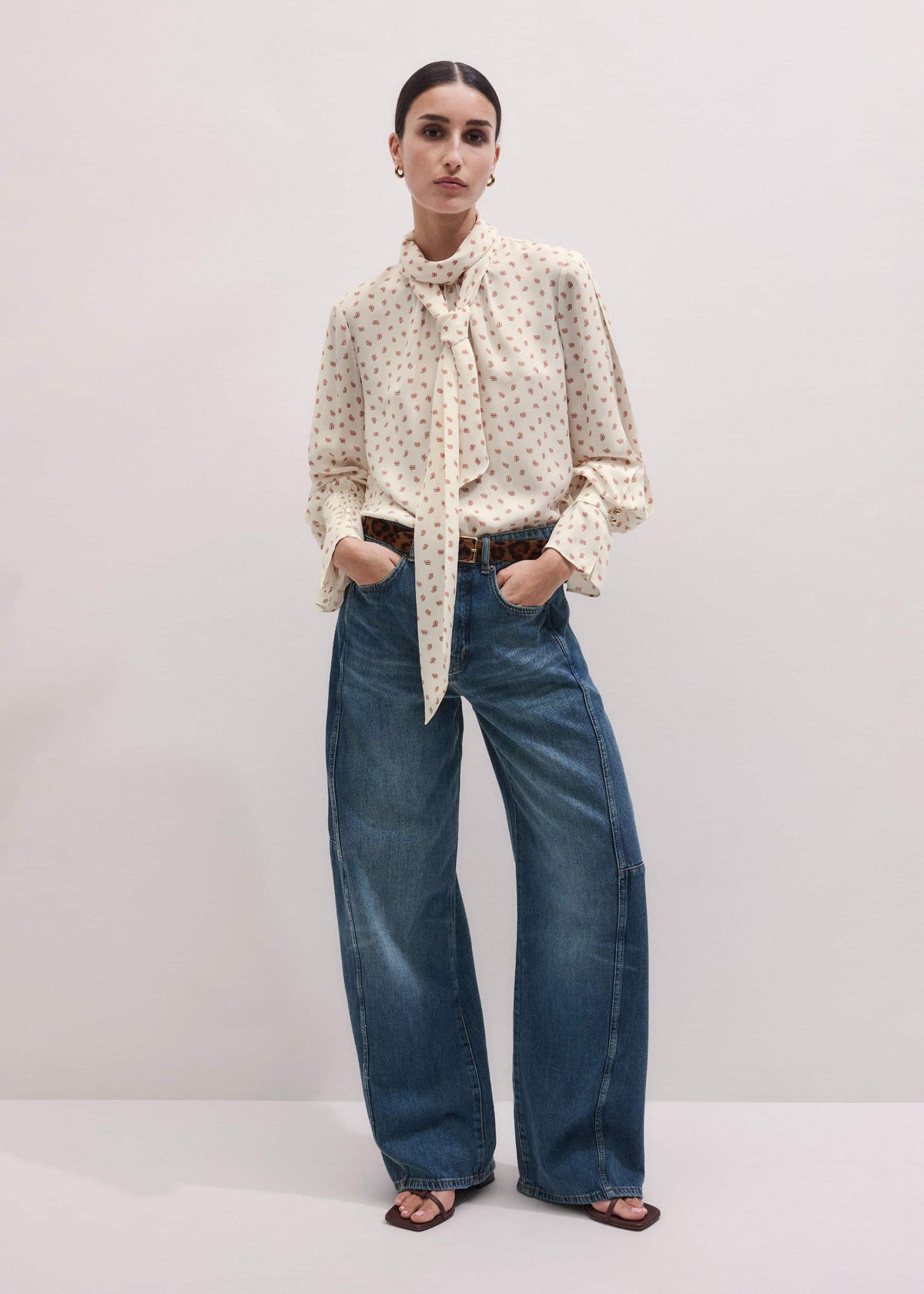 ME+EM Cream Silk Spaced Paisley Print Statement Sleeve Blouse + Tie