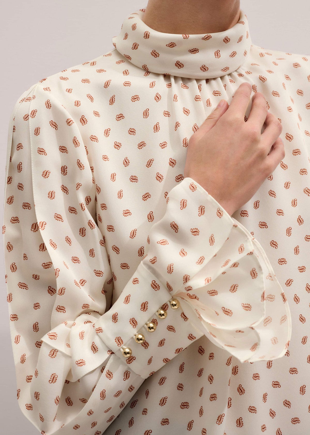 ME+EM Cream Silk Spaced Paisley Print Statement Sleeve Blouse + Tie