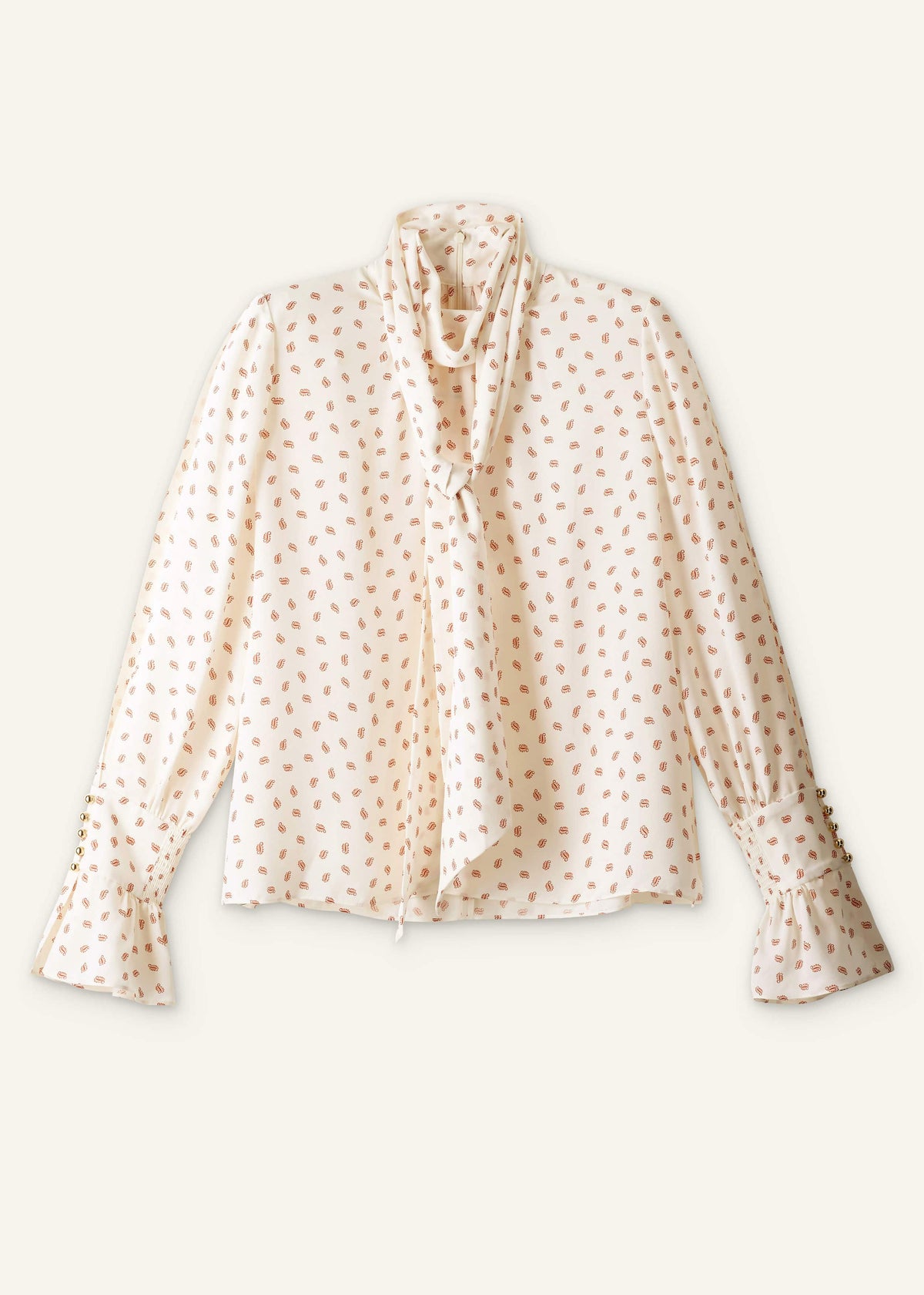 ME+EM Cream Silk Spaced Paisley Print Statement Sleeve Blouse + Tie