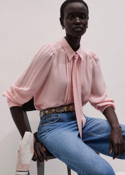 ME+EM Pink Silk Feminine Embroidered Fluid Straight Blouse