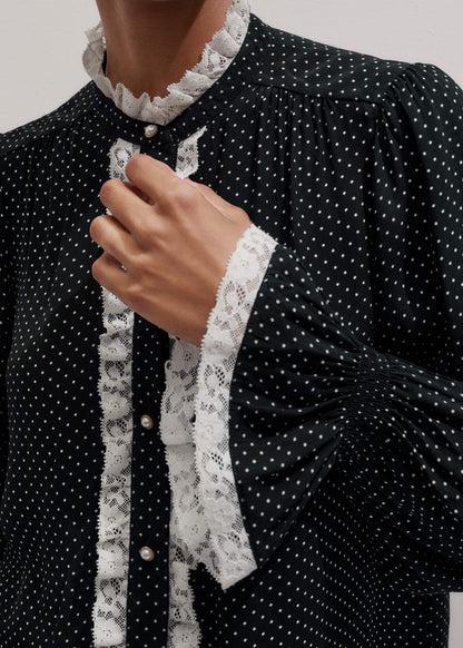 ME+EM Black Micro Polka Dot And Lace Blouse