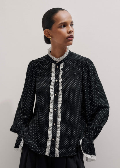 ME+EM Black Micro Polka Dot And Lace Blouse